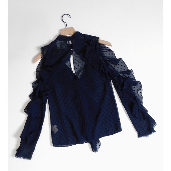 NICHOLAS Navy Blue Swiss Dot Cutout Cold Shoulder Top Blouse Ruffle Size 0 - Picture 8 of 15